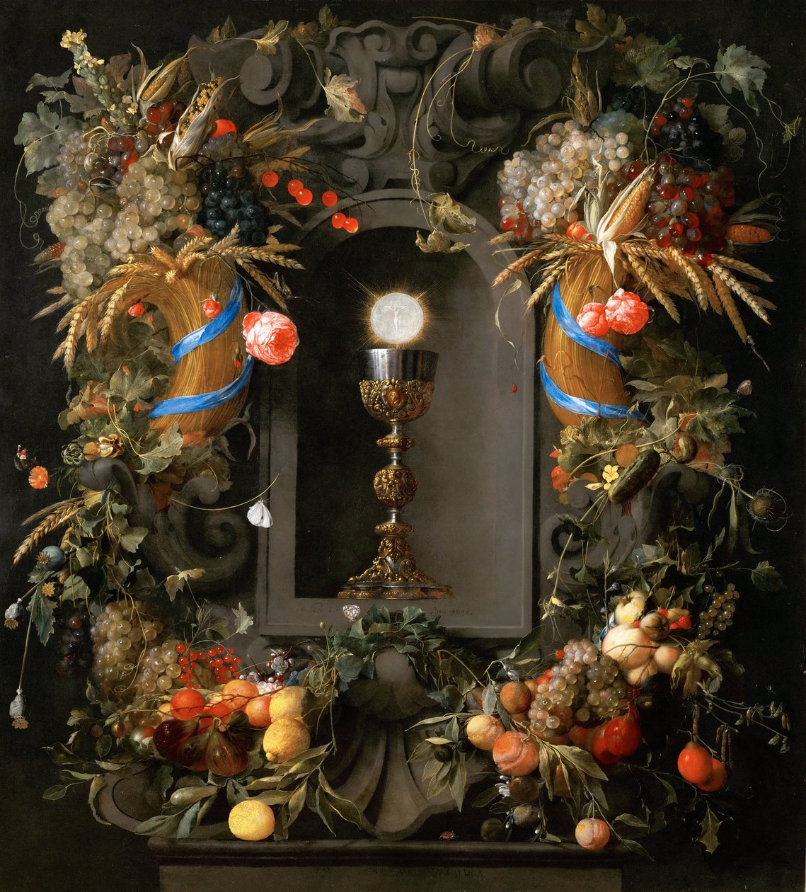 Eucaristía en una corona de frutas de Jan Davidsz de Heem