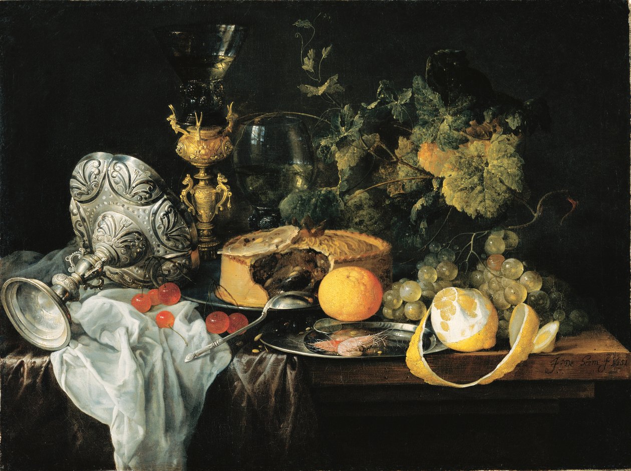 Alemán: Magnífico bodegón con frutas, pastel y copas Suntuoso bodegón con frutas, pastel y copas, 1651 de Jan Davidsz. de Heem
