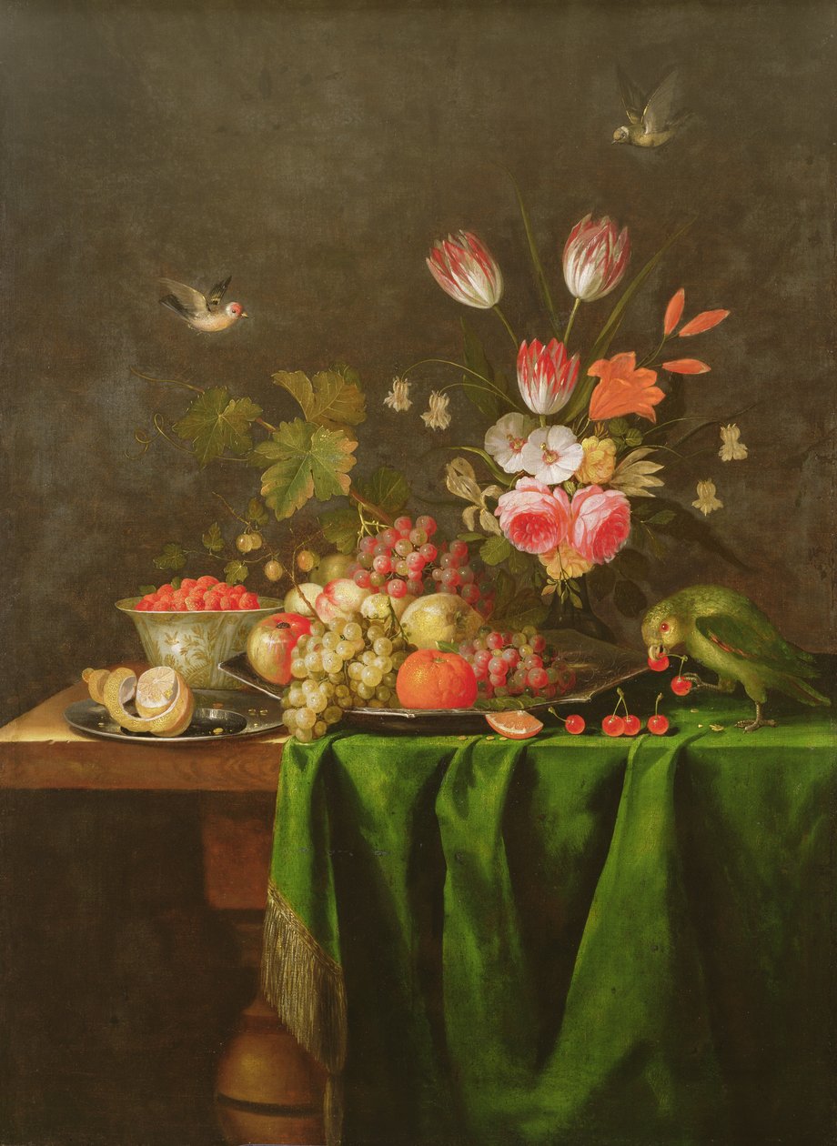Naturaleza muerta de frutas y flores con un loro en una mesa cubierta con un mantel verde de Jan Davidsz de Heem