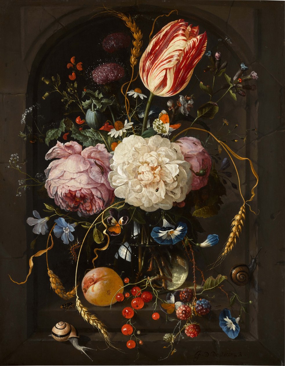 Bodegón de flores en un jarrón de cristal con insectos y frutas en un nicho de piedra de Jan Davidsz. de Heem