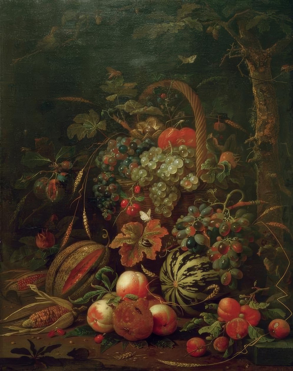 Naturaleza muerta con cesta de frutas, calabaza, melón y duraznos en un roble de Jan Davidsz de Heem