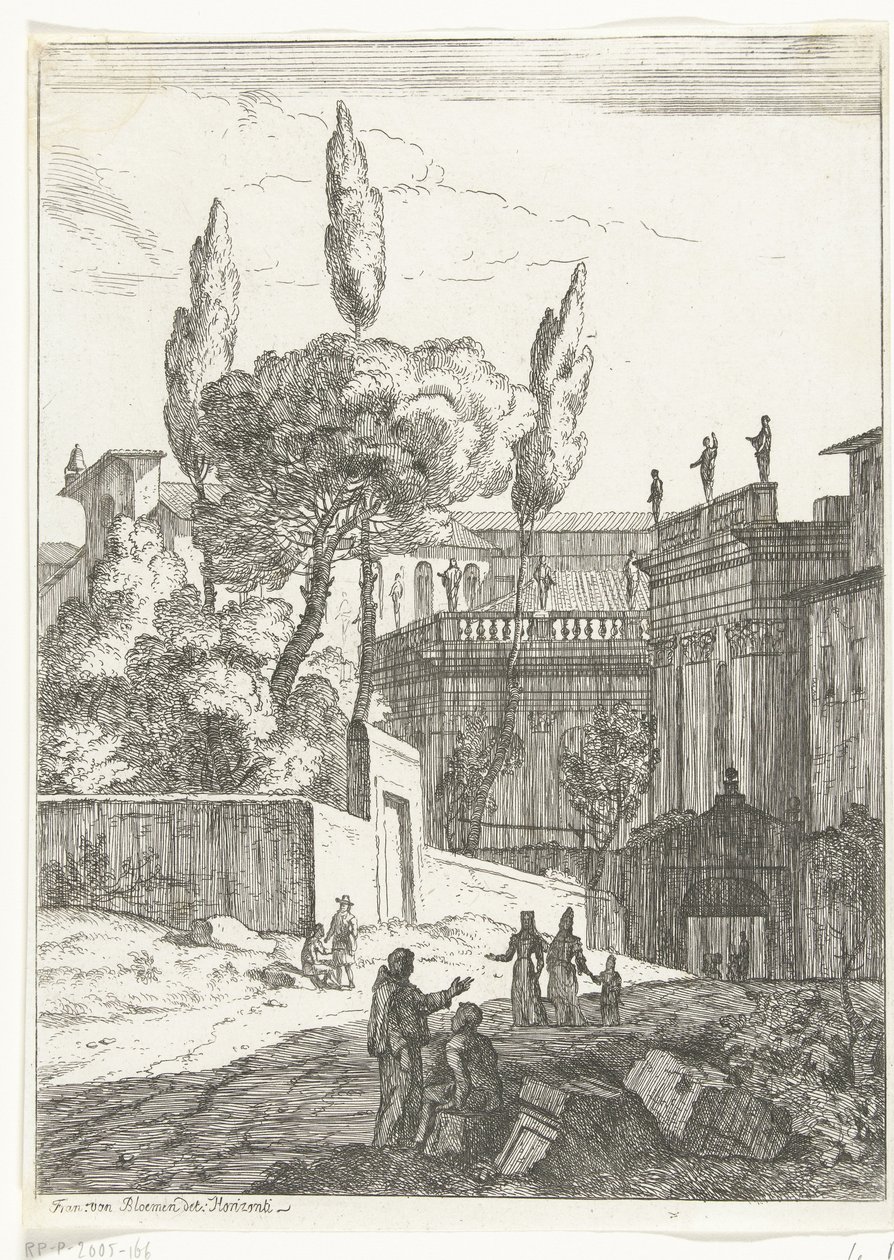 Paisaje de estilo italiano con edificios y figuras antiguas. de Jan Frans van Bloemen