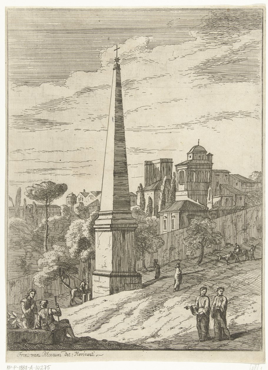 Paisaje de estilo italiano con un obelisco y una vista de la ciudad. de Jan Frans van Bloemen