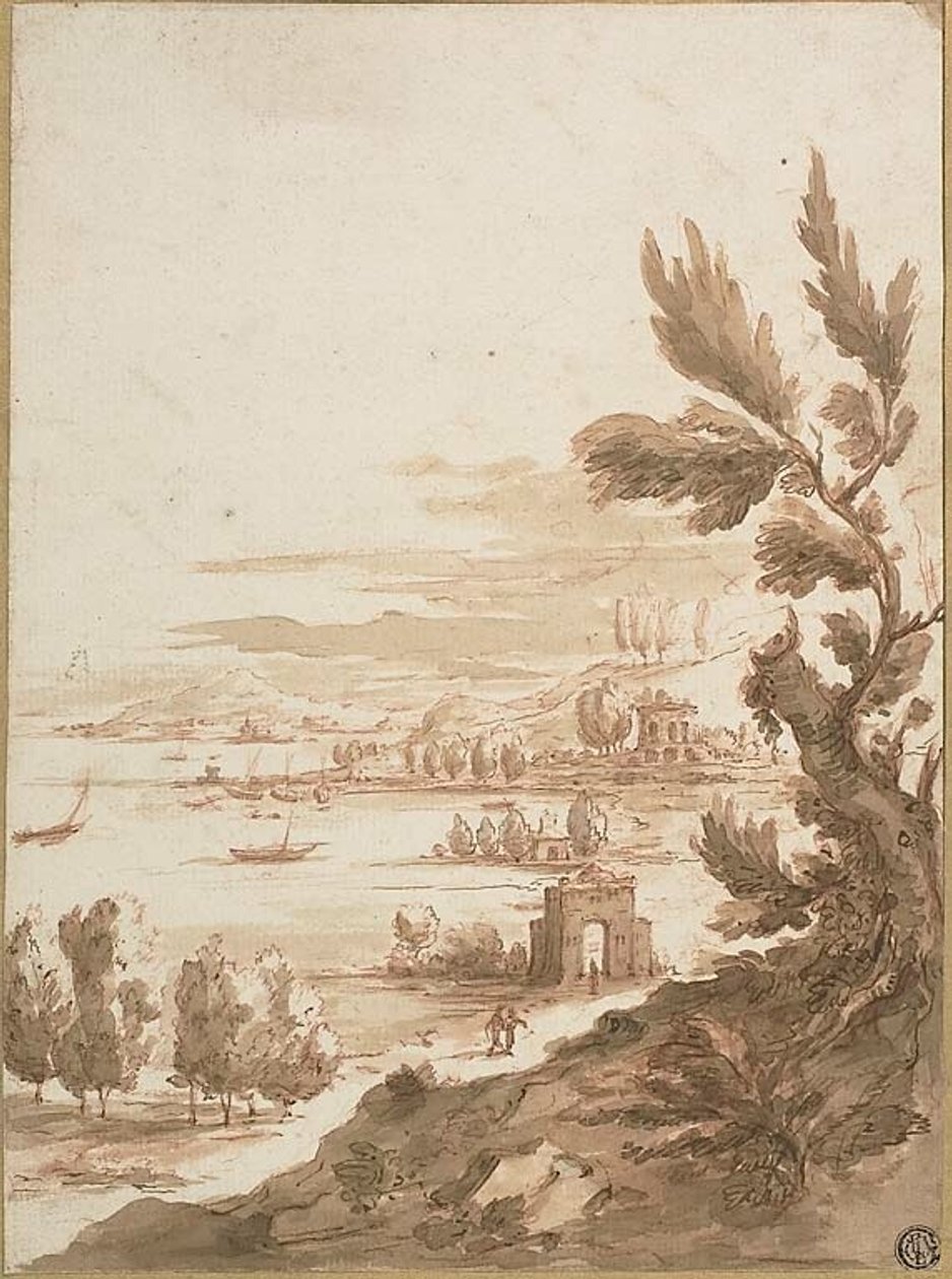 Vista desde una colina con vistas a un puerto de Jan Frans van Bloemen