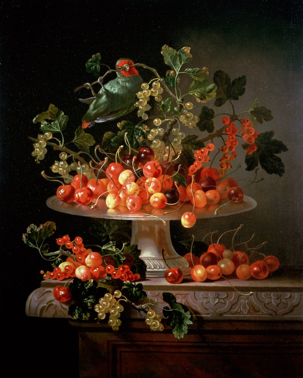 Una Naturaleza Muerta de Cerezas y Grosellas con un Loro de Jan Frans van Son