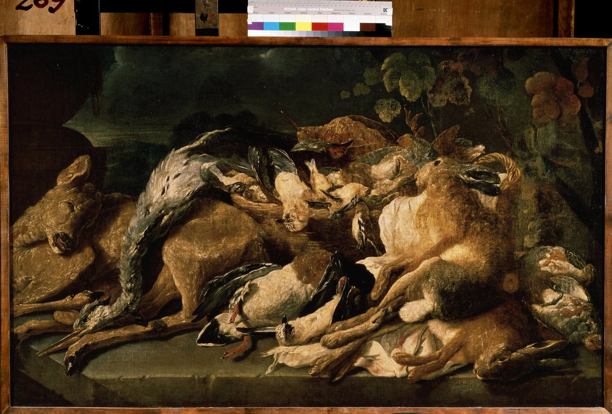 ""Naturaleza muerta con caza"" (Naturaleza muerta) Liebre, cierva, patos. Pintura de Jan (Johannes) Fyt (1611-1661) 1640 Museo Pushkin, Moscú de Jan Fyt