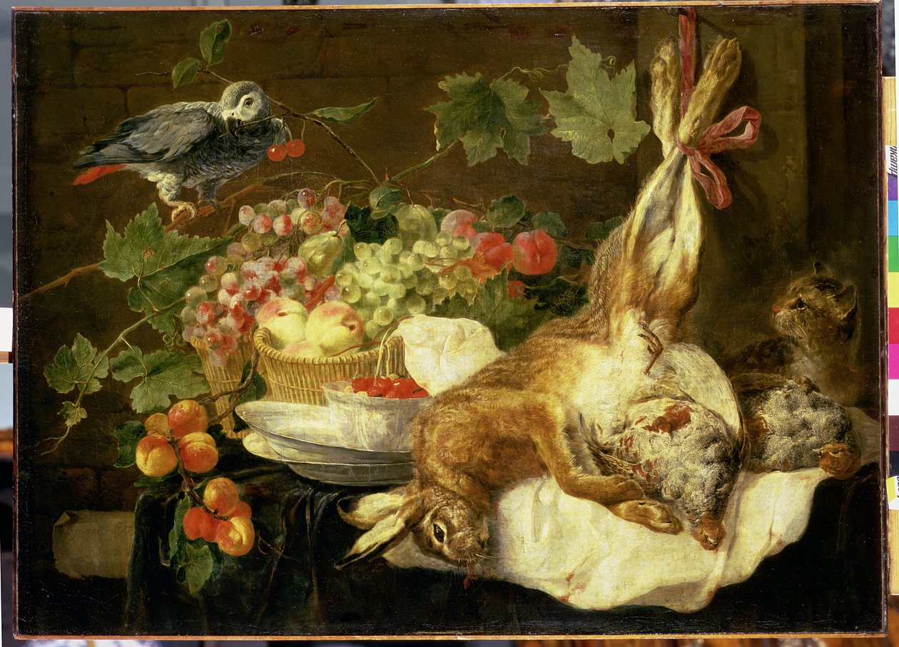 Naturaleza muerta con liebre, fruta y loro, 1647 de Jan Fyt