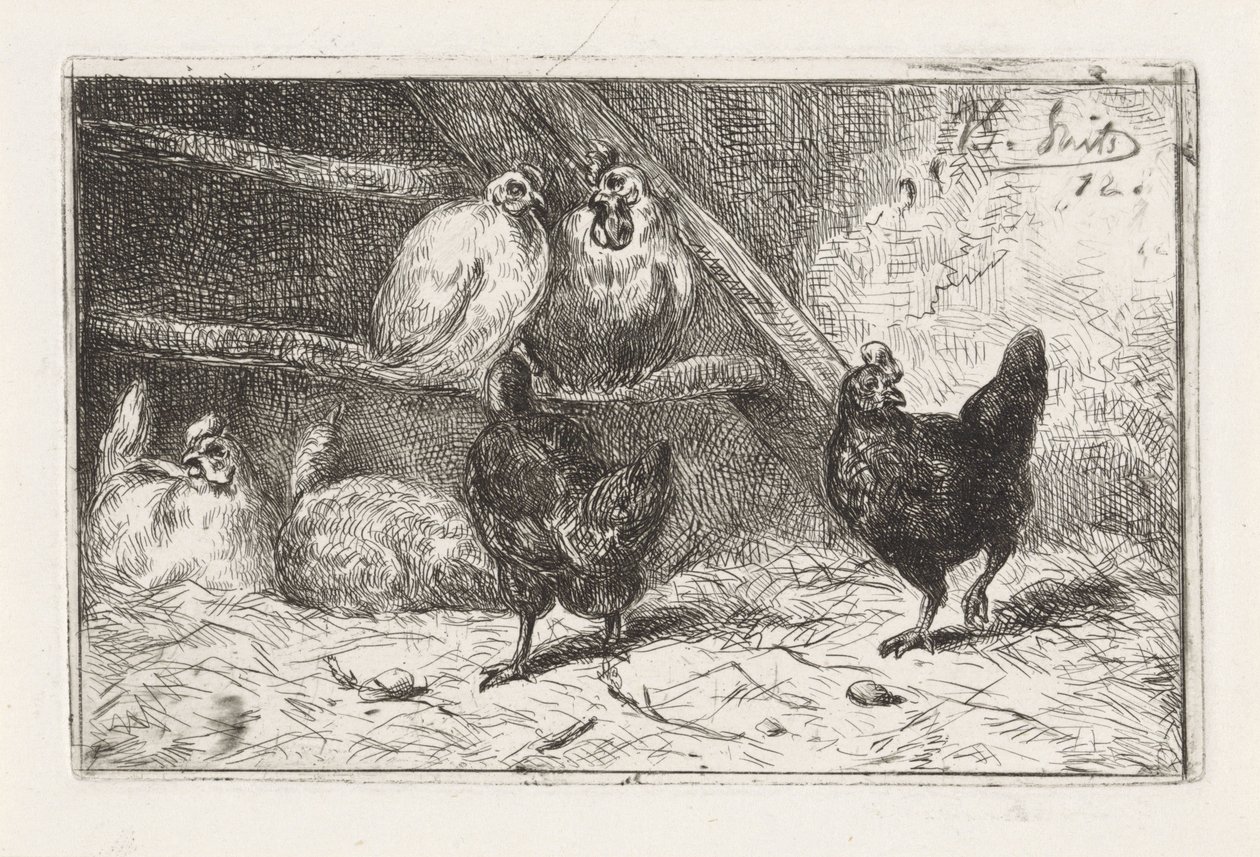 Gallo y cinco gallinas en un gallinero de Jan Gerard Smits