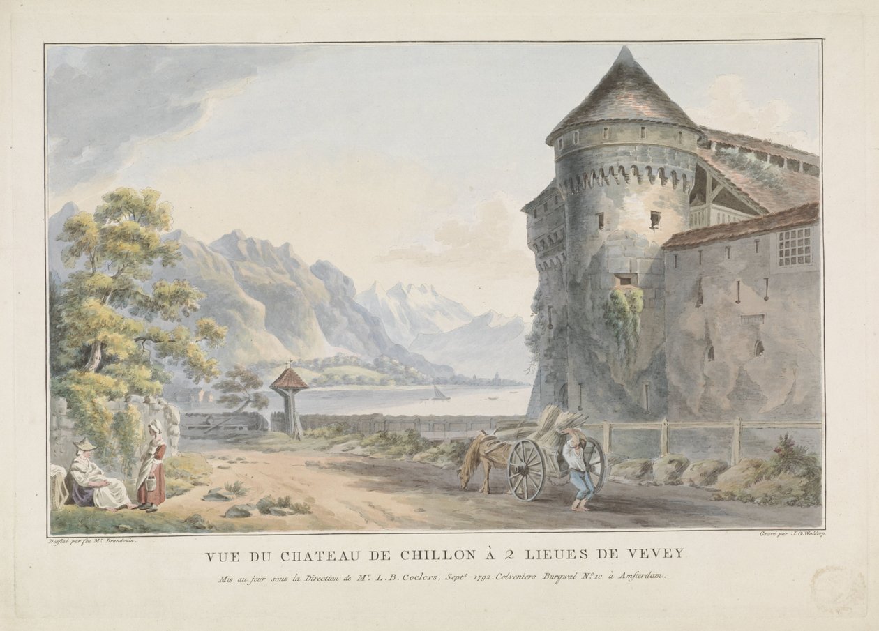 Vista del castillo de Chillon kasteel Vue du Chateau de Chillon à 2 lieues de Vevey (título sobre objeto) de Jan Gerard Waldorp