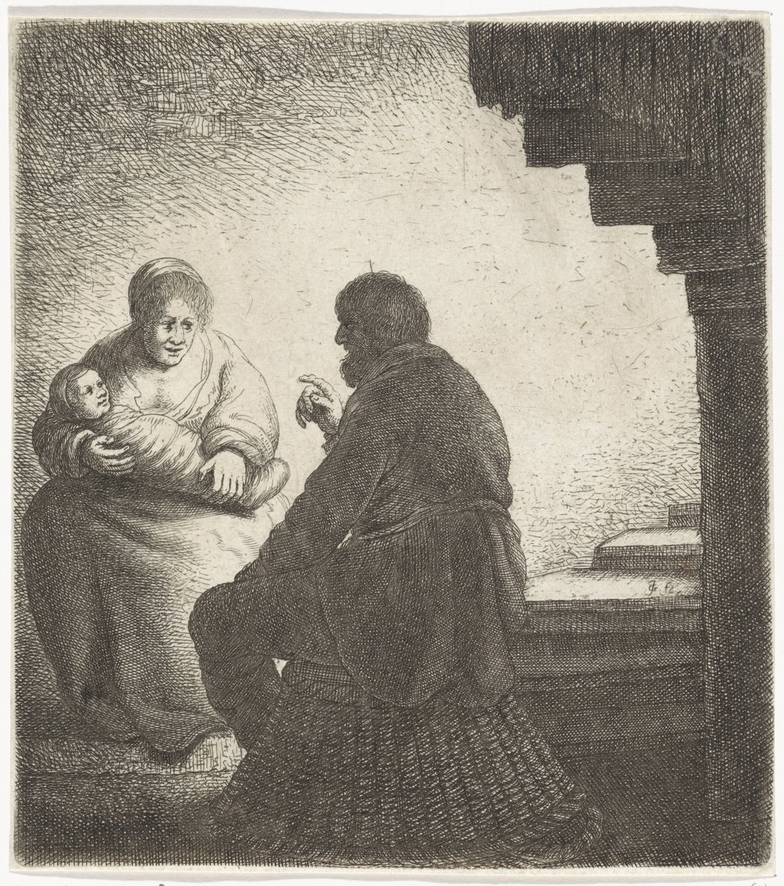 Familia sentada junto a una escalera de caracol de Jan Gillisz. van Vliet