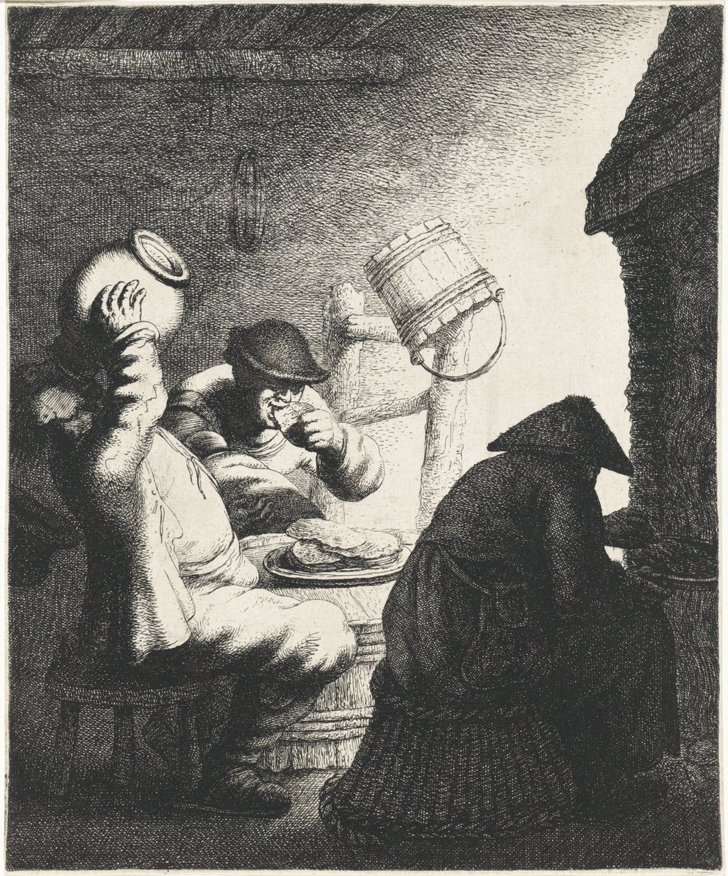 Las figuras comen panqueques en un interior. Gusto Los cinco sentidos (título de la serie) de Jan Gillisz. van Vliet