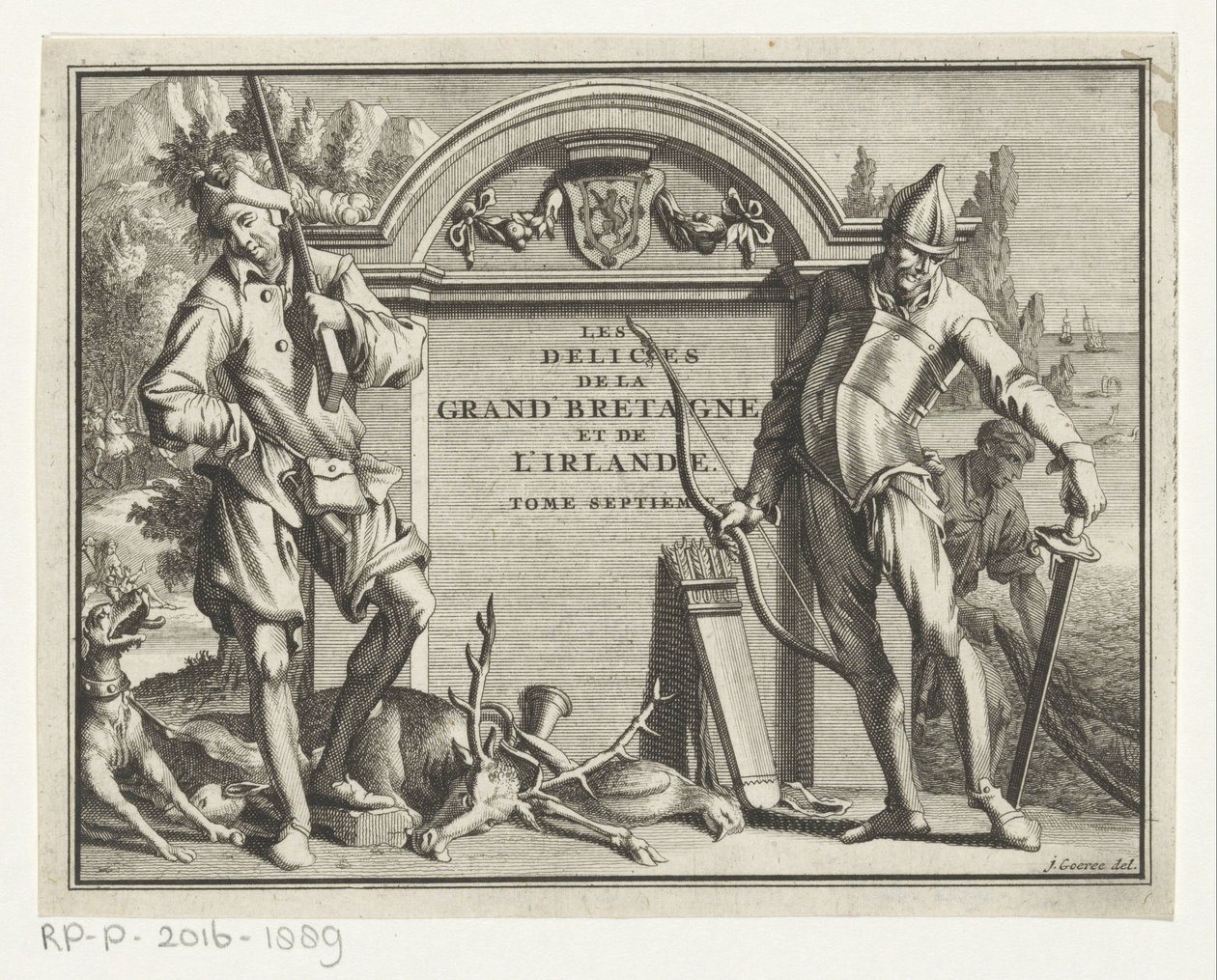 Twee jagers para entornos arquitectónicos Titelpagina voor: James Beeverell, Las delicias de Gran Bretaña e Irlanda, Volumen siete, 1707 de Jan Goeree (possibly)