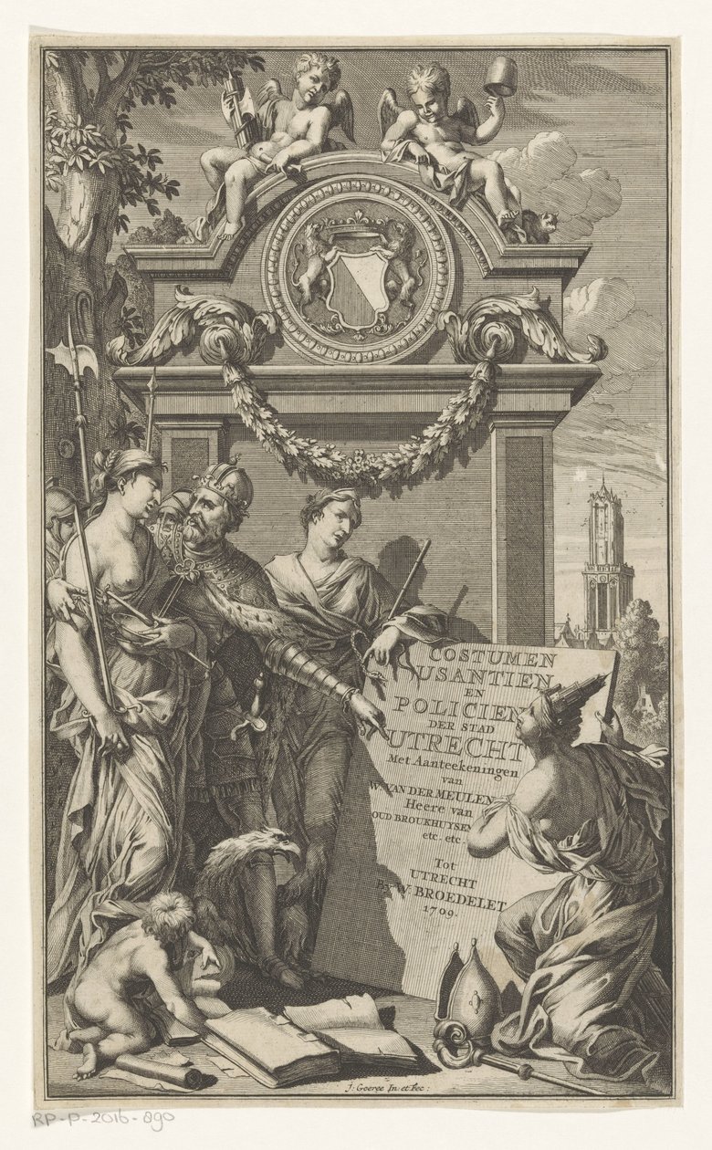 La justicia enseña las leyes de Utrecht Costumen Usantien y oficial de policía de la ciudad de Utrecht (título sobre el objeto) Página de título de Willem Van der Meulen, Costumen, usantien, policien ende style van literen, der Stadt Utrecht, 1709 de Jan Goeree