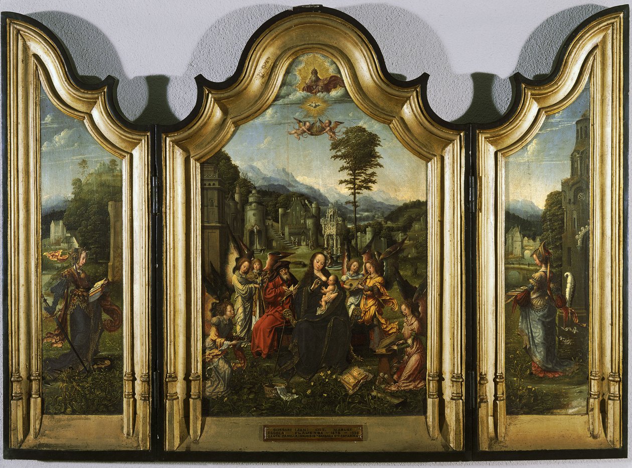 La Sagrada Familia con Santa Catalina y Santa Bárbara Tríptico, c. 1505 de Jan Gossaert