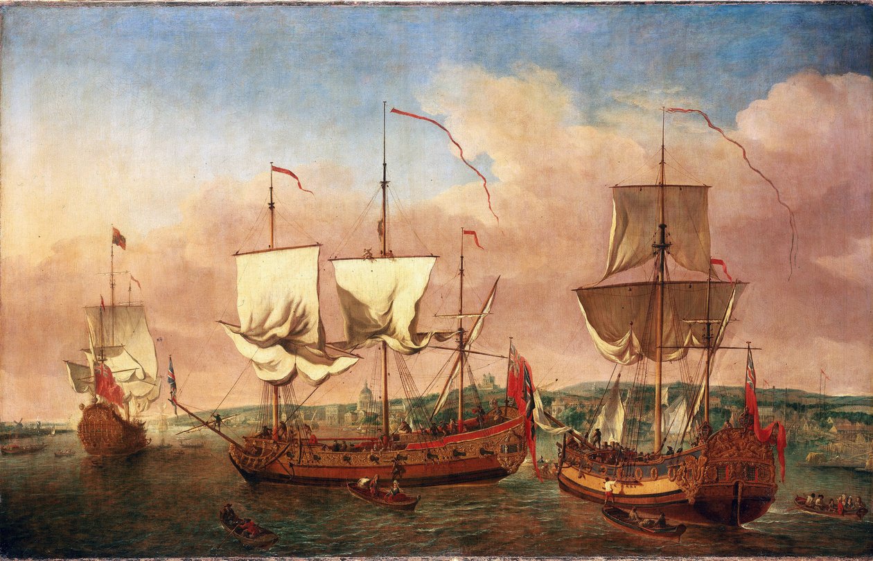 El barco "Peregrine" y otros navíos reales, cerca de Greenwich, hacia 1710. Óleo sobre lienzo, hacia 1710-1715, de Jan Griffier (1645-1718). de Jan Griffier