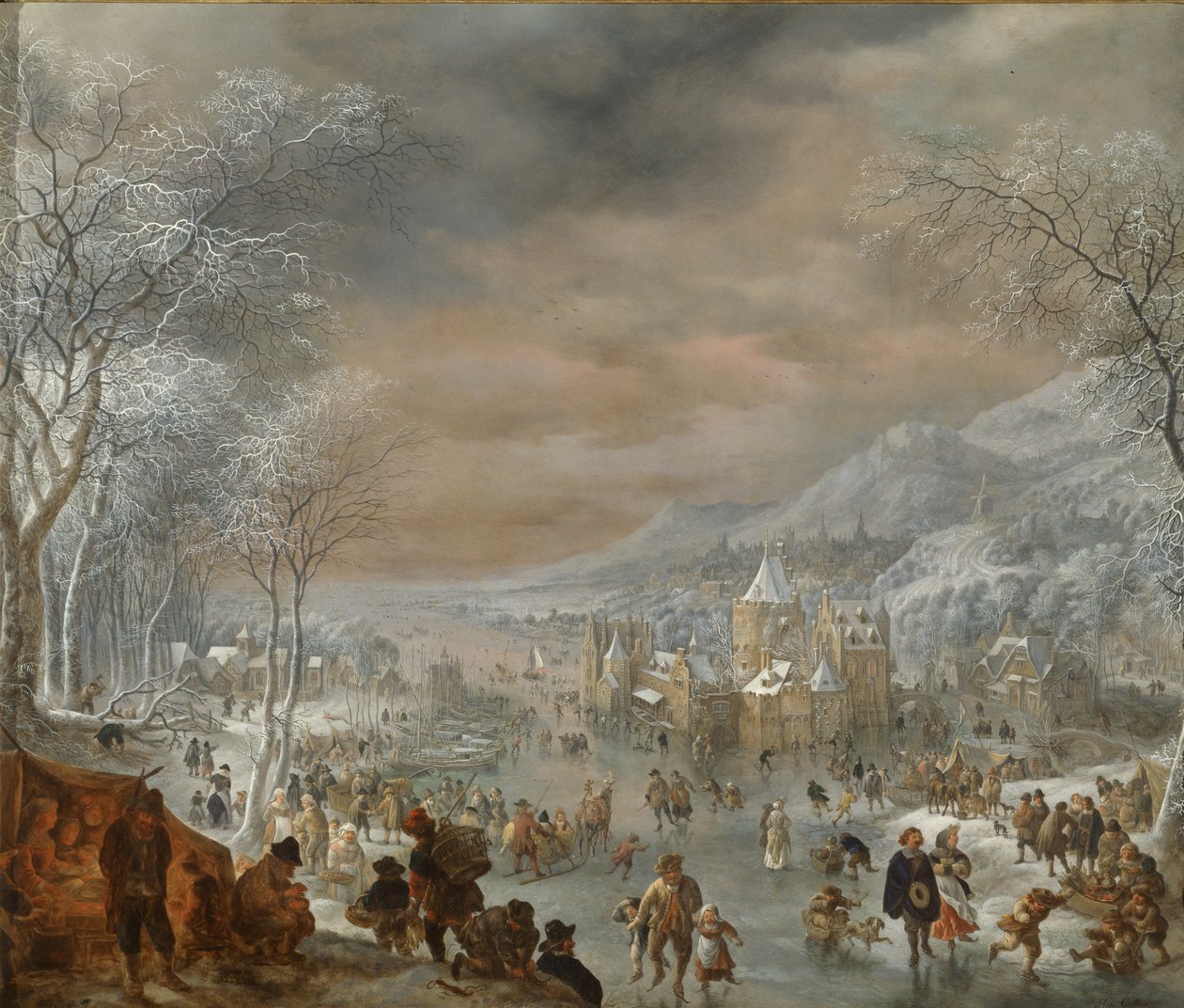Paisaje de invierno con patinadores, iglesia y pueblo a lo largo de la orilla de un río de Jan Griffier