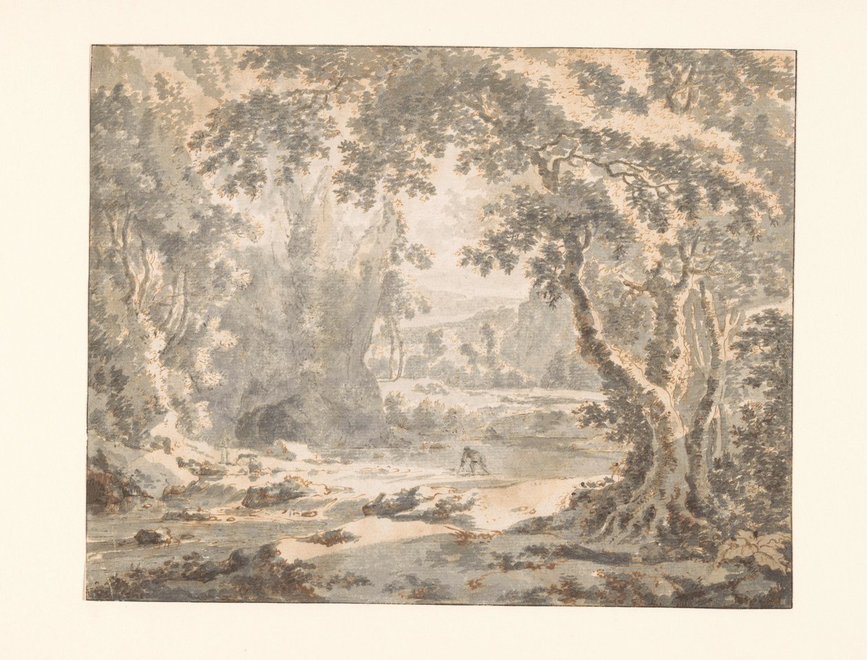 Río en un paisaje montañoso arbolado de Jan Hackaert
