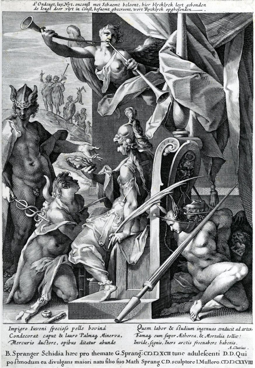 Mercurio y Minerva arman a un héroe con una piel de toro y una corona de laurel de Jan Harmensz Muller