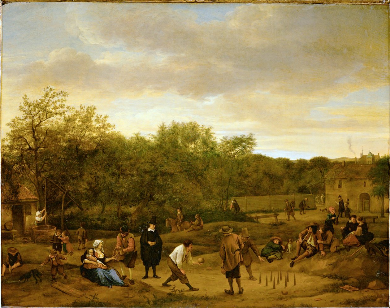 Campesinos jugando a los bolos, c.1650 (óleo sobre madera de roble) de Jan Havicksz. Steen