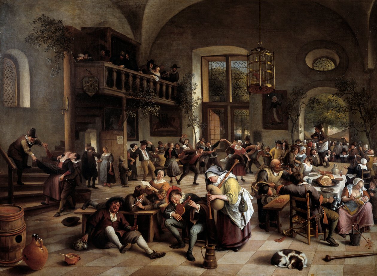 Fiesta en una posada Músicos, jugadores, hombres y mujeres bebiendo de Jan Havicksz. Steen