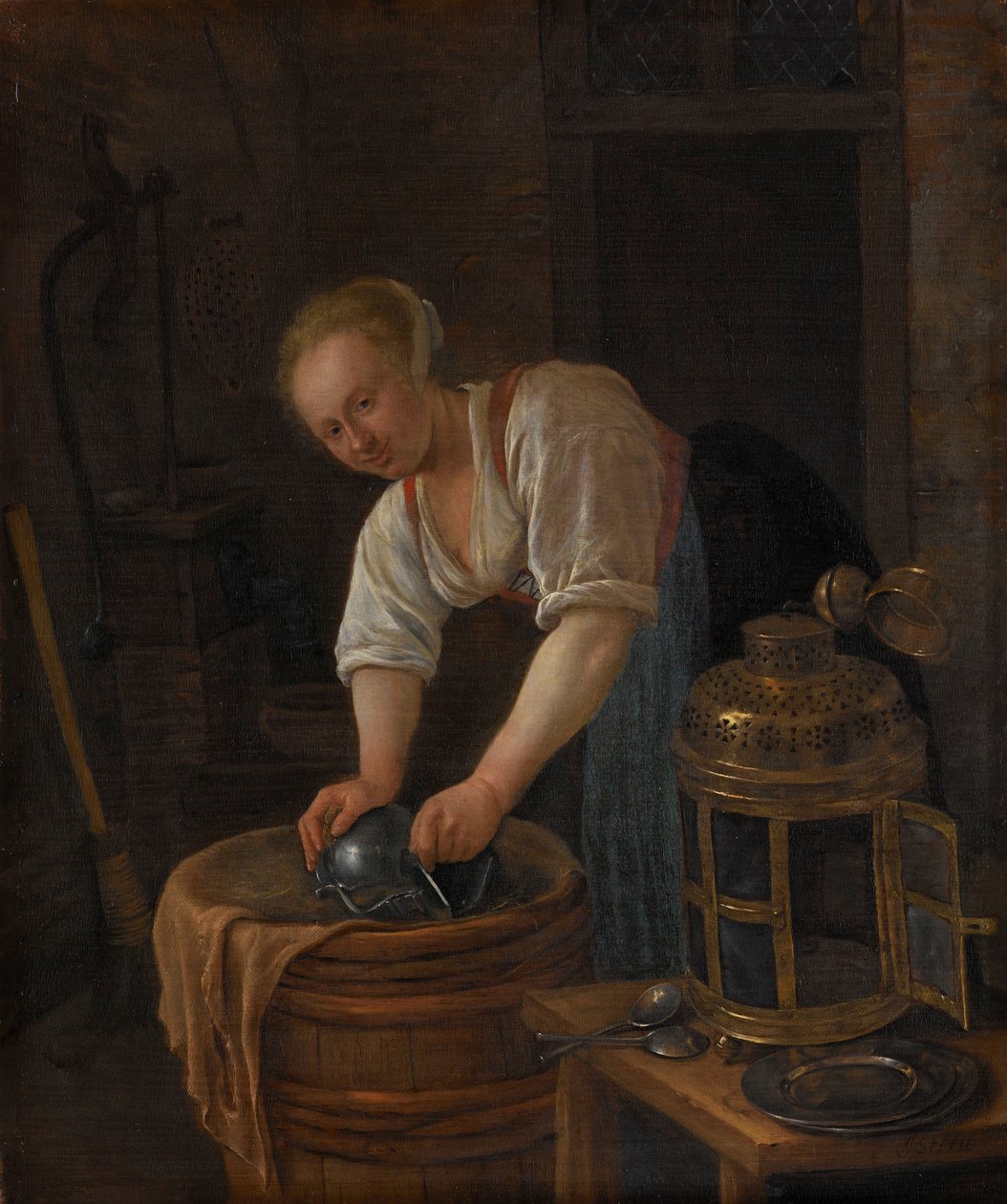 Mujer limpiando la vajilla de metal de Jan Havicksz. Steen