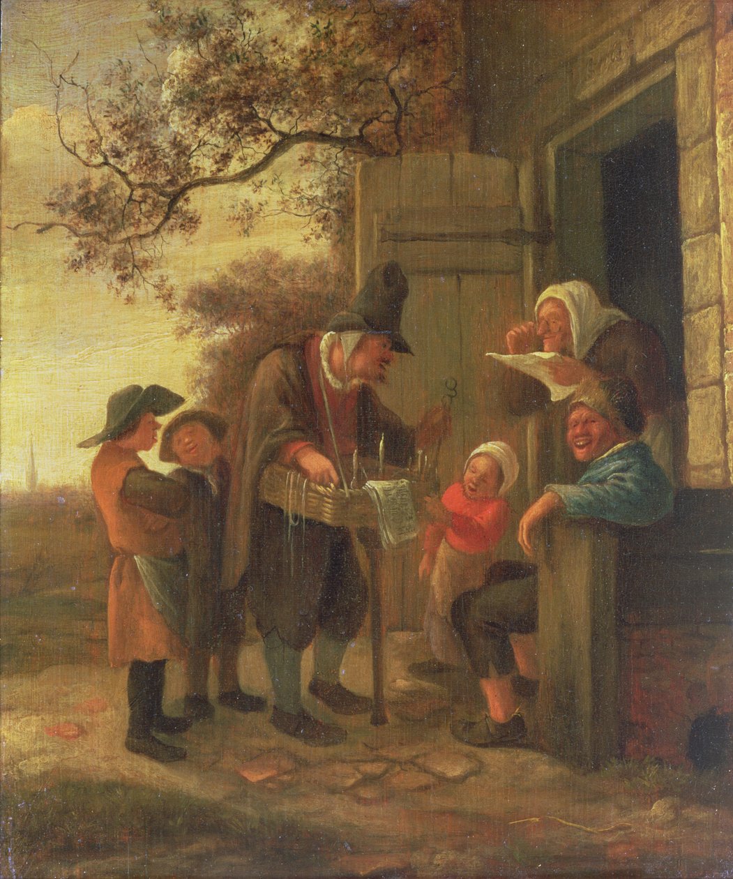 Un vendedor ambulante vendiendo gafas fuera de una cabaña, c.1650-53 de Jan Havickszoon Steen