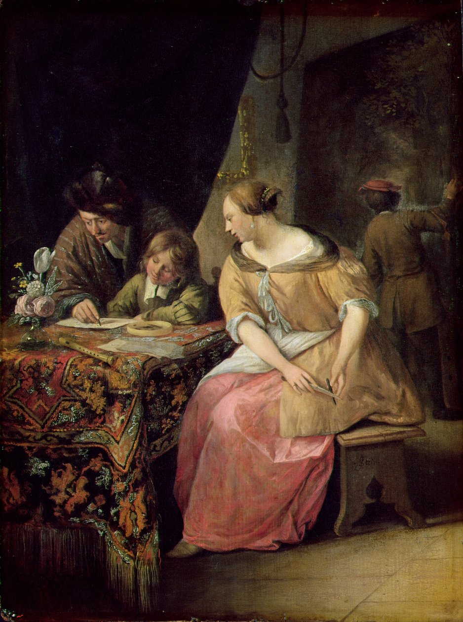 Interior con un pintor y su familia de Jan Havickszoon Steen