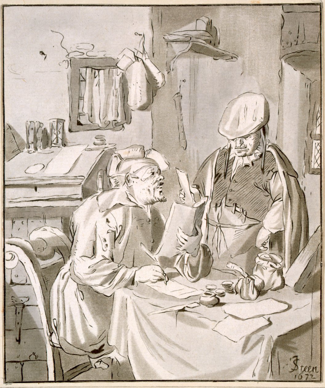 Dos hombres discutiendo dinero en una oficina, copiado por Cornelis Ploos van Amstel o Christian Josi de Jan Havickszoon Steen