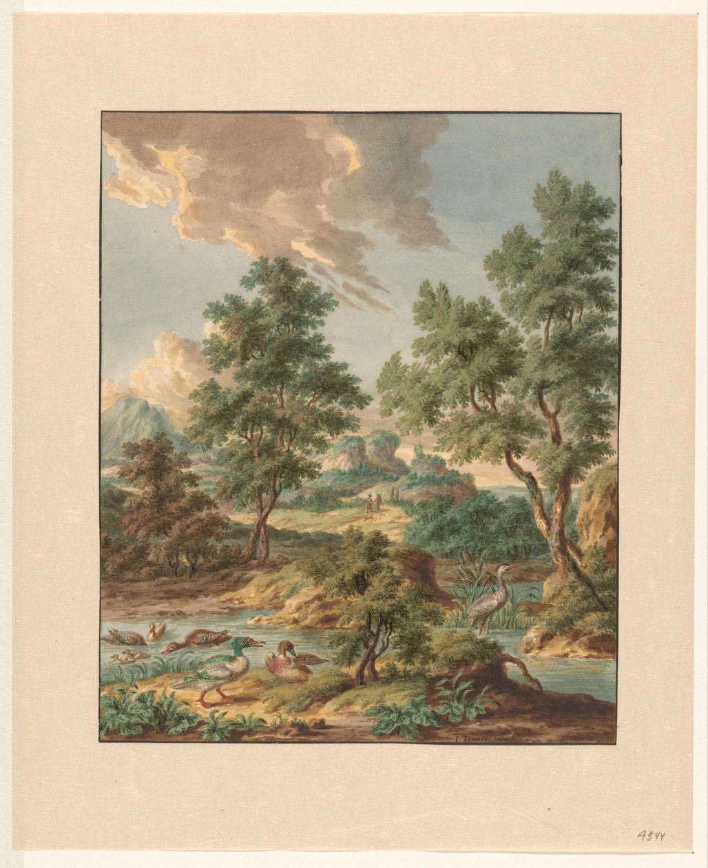 Paisaje con aves acuáticas en un estanque de Jan Hendrik Troost van Groenendoelen
