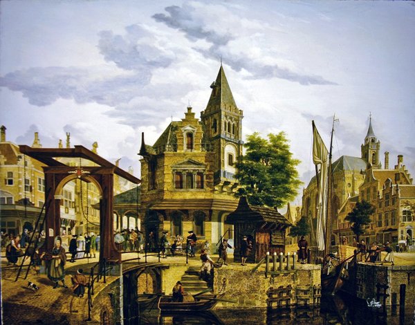 Escena de una calle holandesa junto a un canal de Jan Hendrik Verheyen