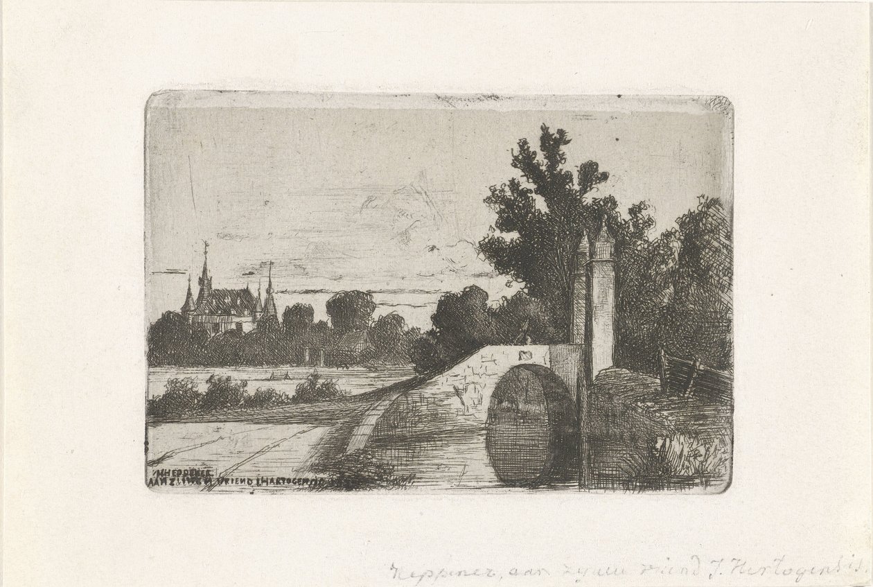Paisaje con puente de piedra y castillo de Jan Heppener