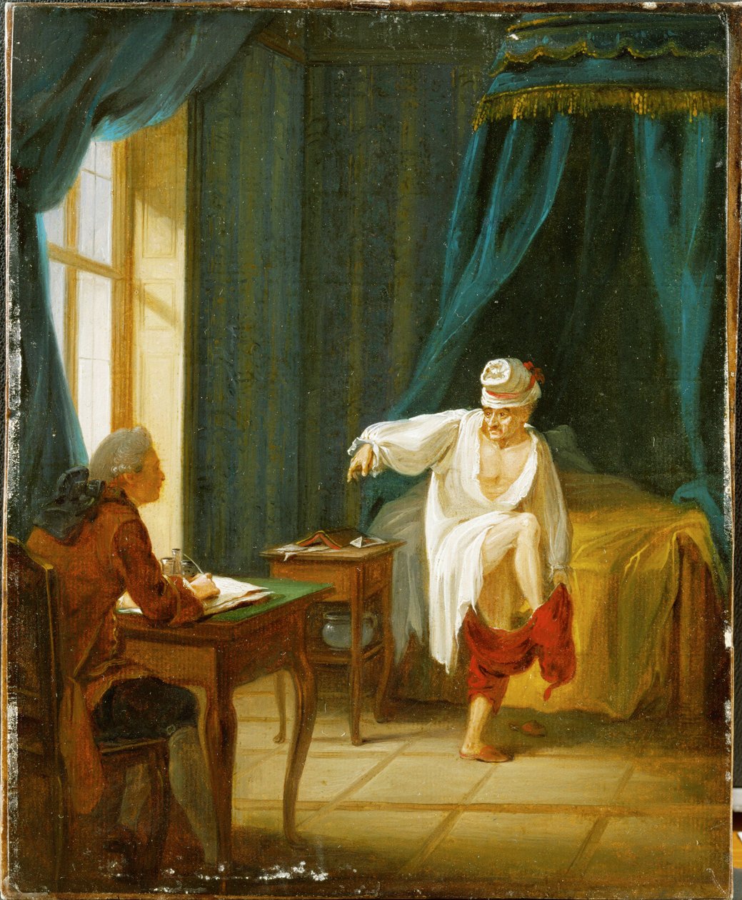 Voltaire en camisa de dormir, poniéndose los pantalones mientras dicta a su secretaria, en su casa de Fernet, Francia ... (óleo sobre papel pegado sobre cartón) de Jan Huber