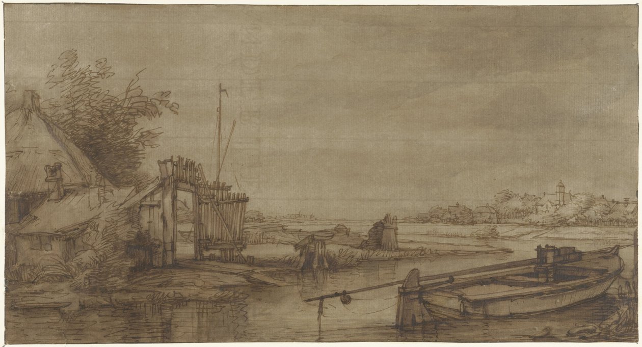 Vista del canal con la granja y la barcaza amarrada de Jan Hulswit (possibly)