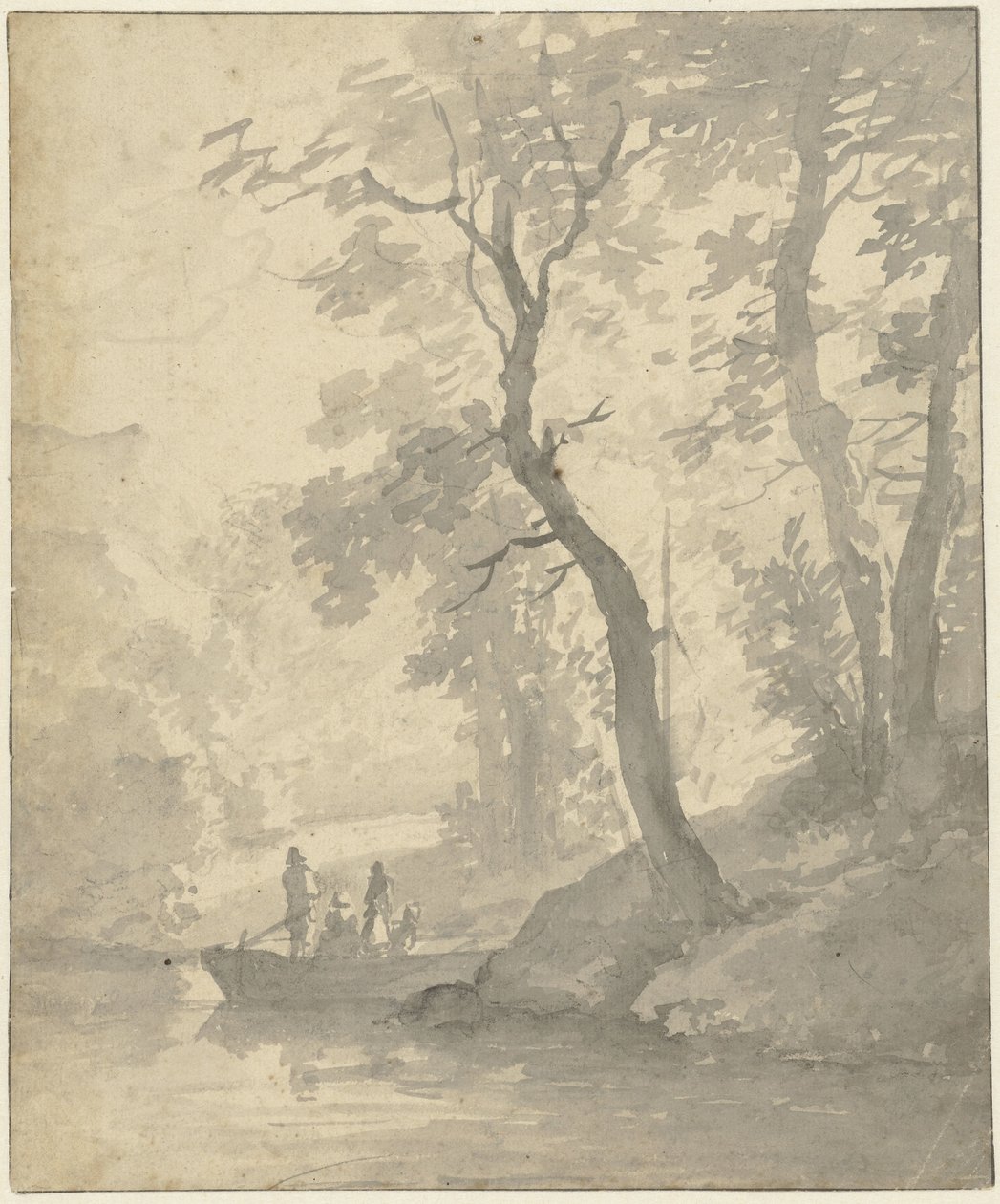 Árboles junto a un agua en la que un barco con ocupantes de Jan Hulswit