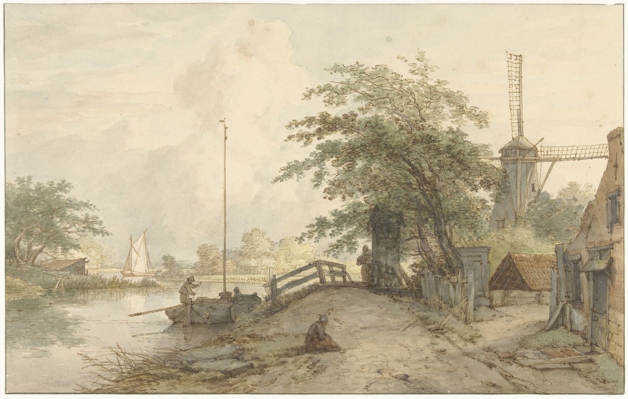 Paisaje con puente y casa en la carretera a lo largo de un paseo marítimo de Jan Hulswit