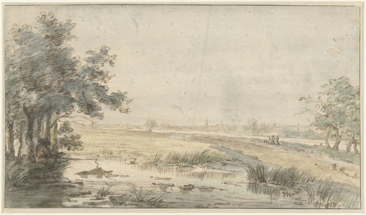 Paisaje con un pescador al borde del agua de Jan Hulswit