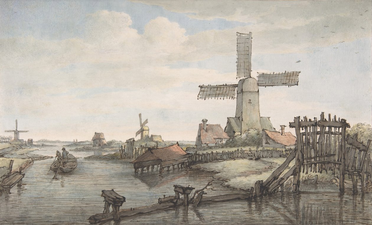 Vista de un Canal con Tres Molinos de Viento, finales del siglo XVIII - principios del siglo XIX de Jan Hulswit