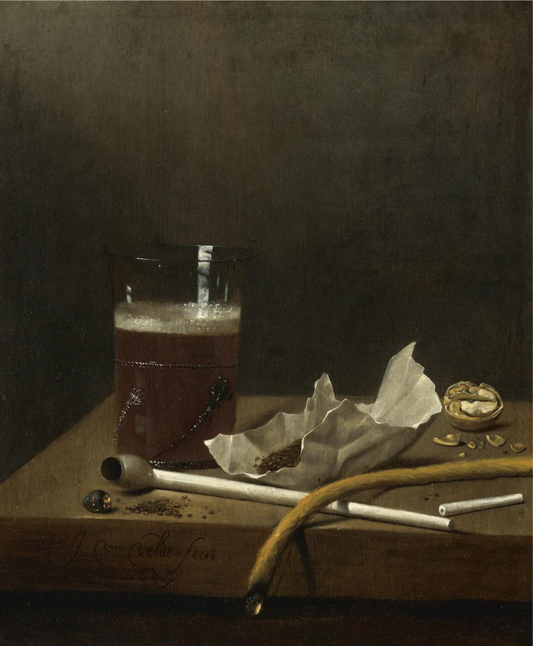 Naturaleza muerta con un vaso de cerveza, una pipa, tabaco y otros requisitos para fumar, 1658 de Jan III van de Velde