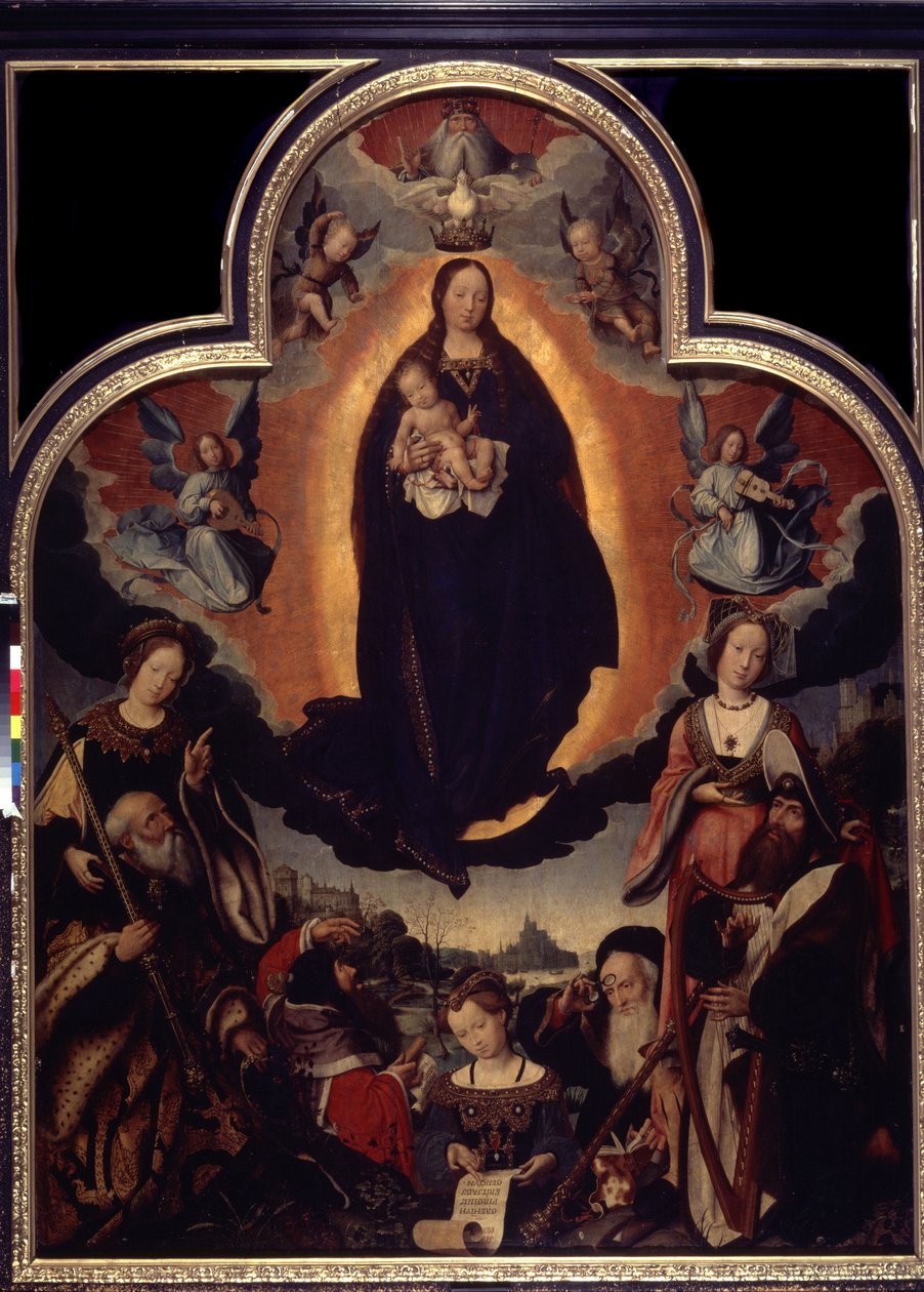 ""La Vierge en Gloire"" (La glorificación de la Virgen) Entre los personajes que rodean a la Virgen y Jesucristo: el rey David tocando el arpa, el emperador romano Augusto (Caius Julius Caesar Octavianus Augustus) (63 aC- 14 dC), profetas de Jan II Provost