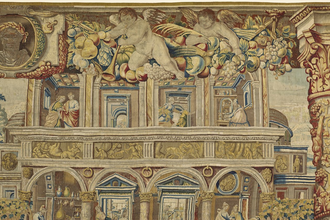 (detalle) del palacio y ángel músico de Vertumnus y Pomona, c.1630 de Jan II Raes