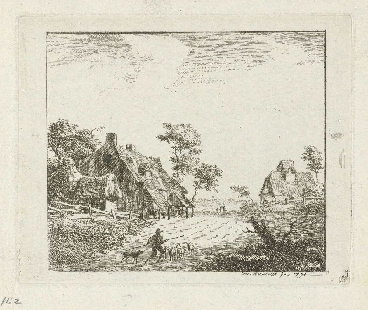 paisaje con pastor y ovejas en dos granjas de Jan Izaak van Mansvelt