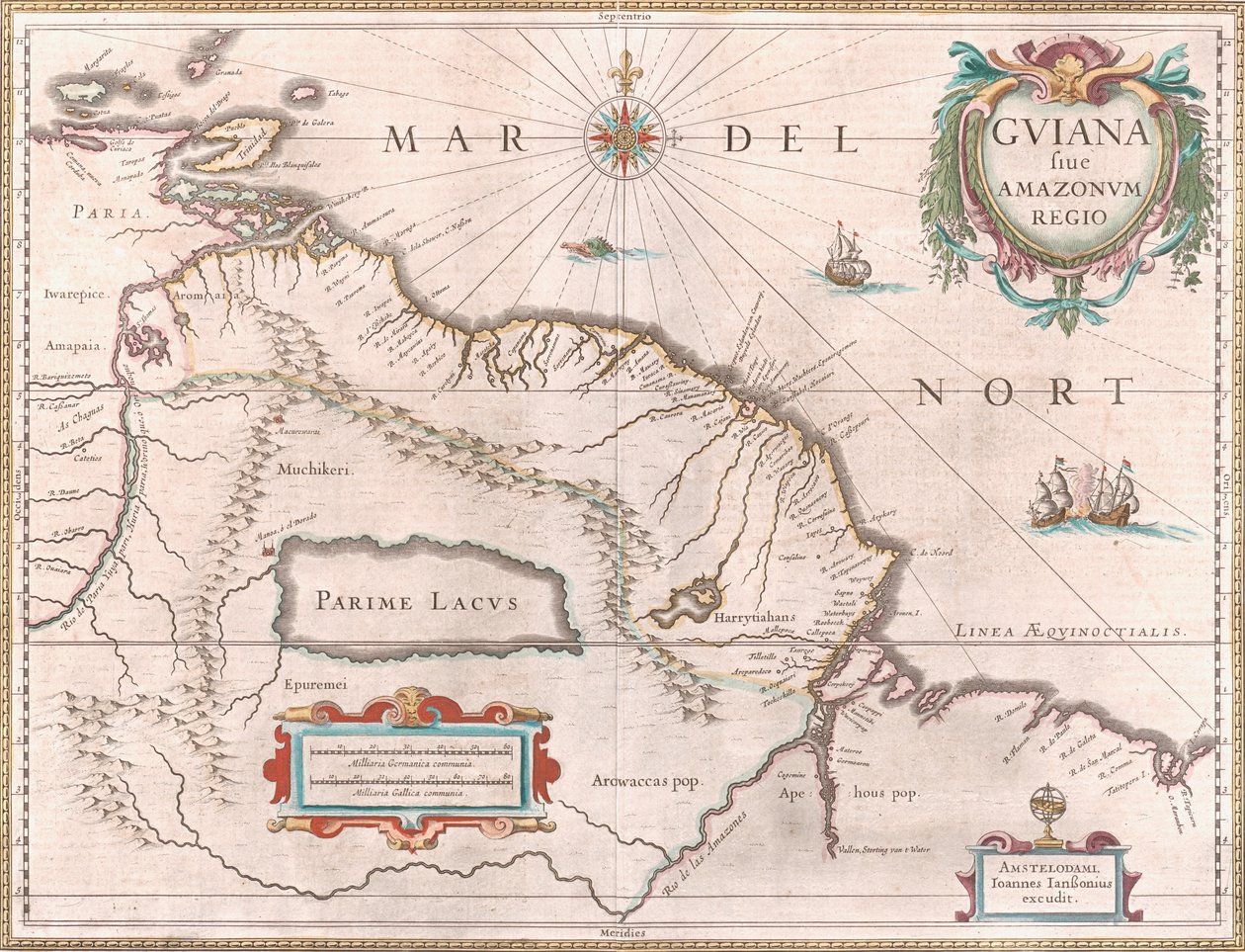 Mapa creado hacia 1649 que representa la región de la Guayana. El territorio reclamado por España en rojo al oeste, la Guayana Holandesa resaltada en amarillo y el territorio portugués en rojo al sureste. El mítico lago Parime también es visible de Jan Janssonius