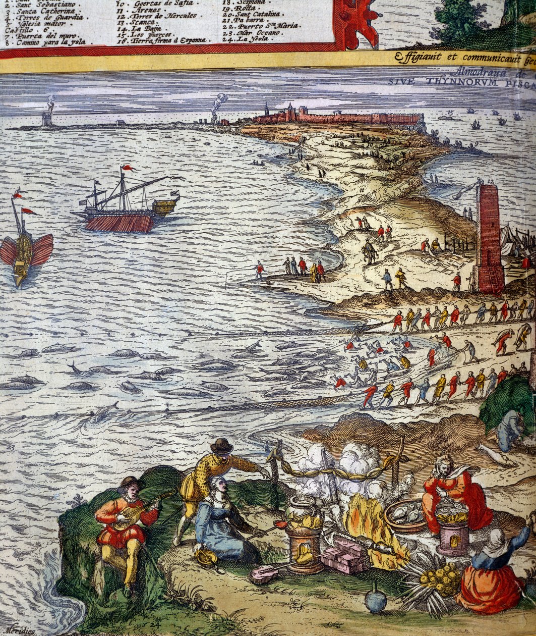 Escena de pesca y preparación de pescado en la ciudad portuaria de Cádiz de Jan Janssonius