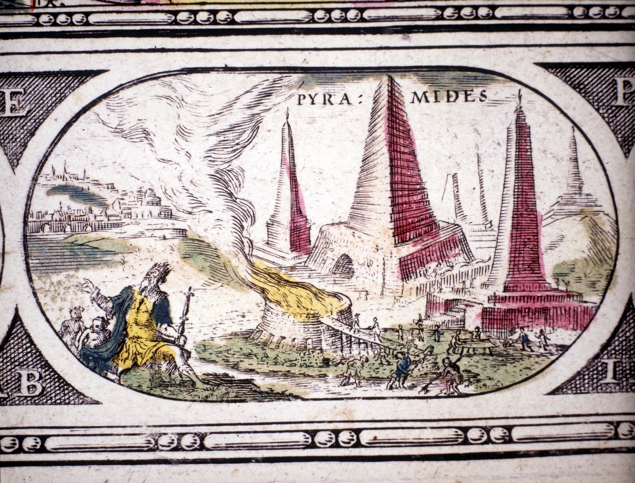 Representación de las Siete Maravillas de la Antigüedad: las Pirámides de Egipto. en el Atlas de Jansson Jannsonius impreso en Ámsterdam en 1630. Colección privada. de Jan Janssonius