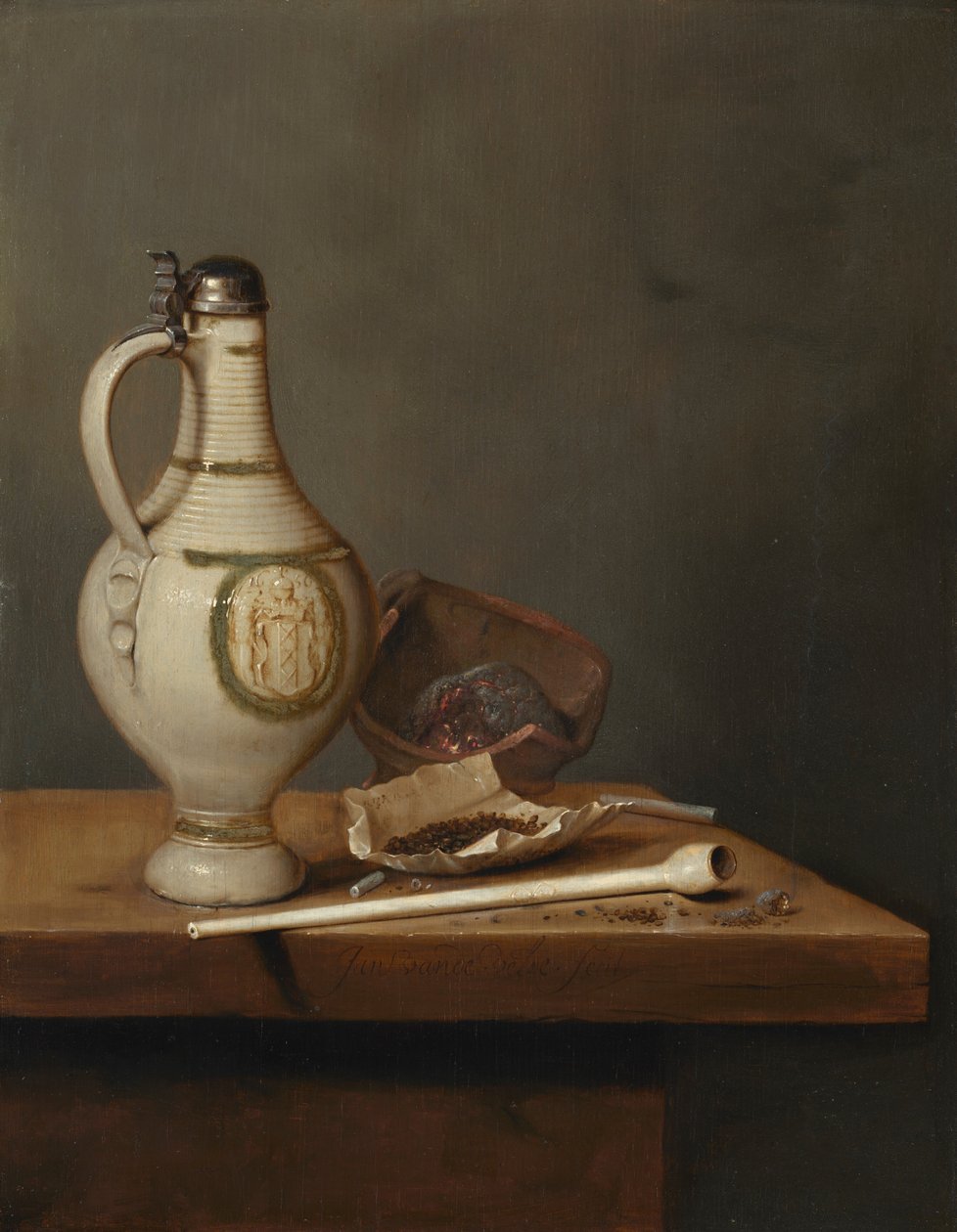 Bodegón con jarra y pipa de gres, mediados de la década de 1650 (óleo sobre tabla) de Jan Jansz. van de Velde