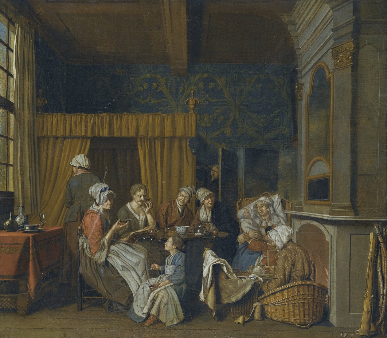 Una familia tomando té mientras celebra el nacimiento de gemelos de Jan Josef Horemans the Younger