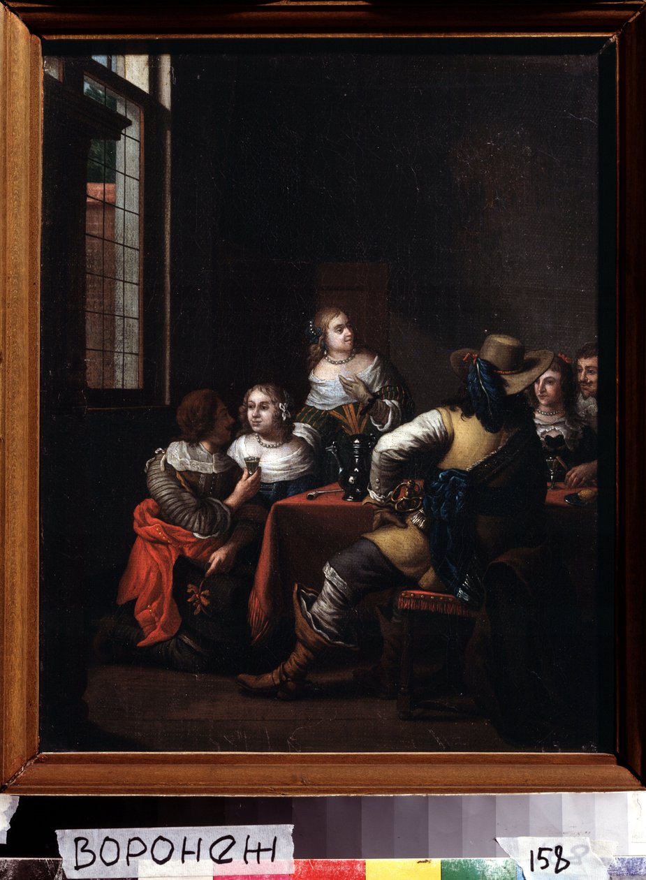 ""Les festivites"" (La alegre reunión) grupo de jinetes y damas reunidos alegremente alrededor de una mesa. Pintura de Jan Joseph Horemans el Viejo (1682-1759) Museo de Bellas Artes Ivan Kramskoy (o Kramskoi) del siglo XVIII en Voronezh (Voronezh), Rusia. de Jan Josef the Elder Horemans