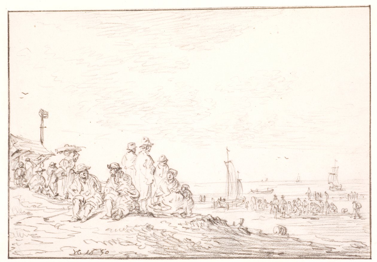 Orilla de la playa con mucha gente de Jan Josefsz van Goyen