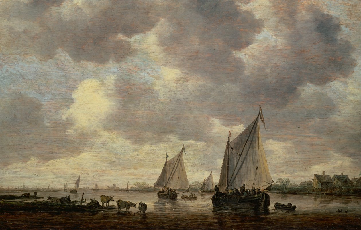Un Canal en Holanda, o Dos Grandes Barcos de Vela y Ganado Cerca de un Río de Jan Josephsz van Goyen