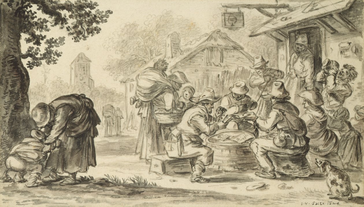 Juego de cartas de campesinos frente a la posada, 1624 de Jan Josephsz van Goyen